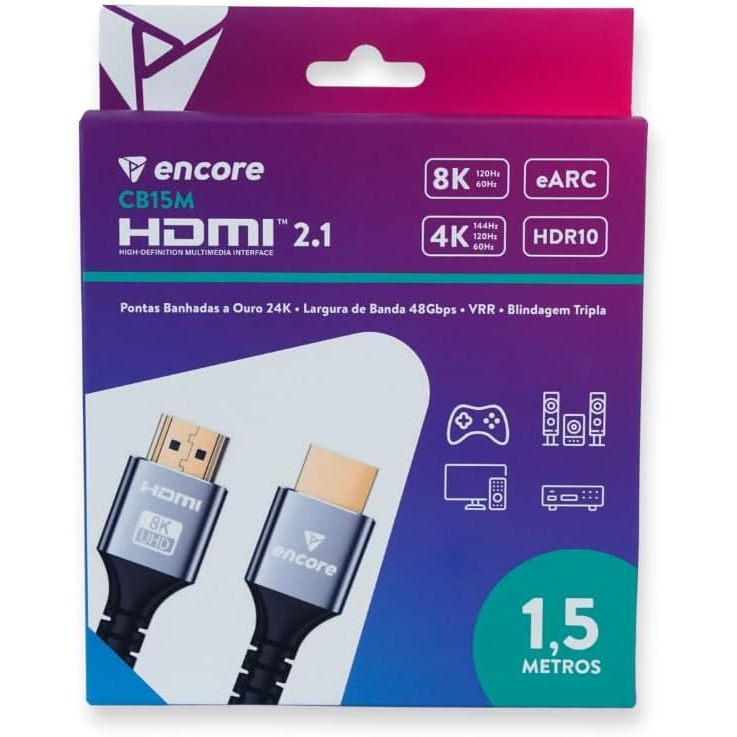 Cabo HDMI 2.1 8K Ultra High Speed Encore 1,5 Metros  para Gaming Home Theater notebook