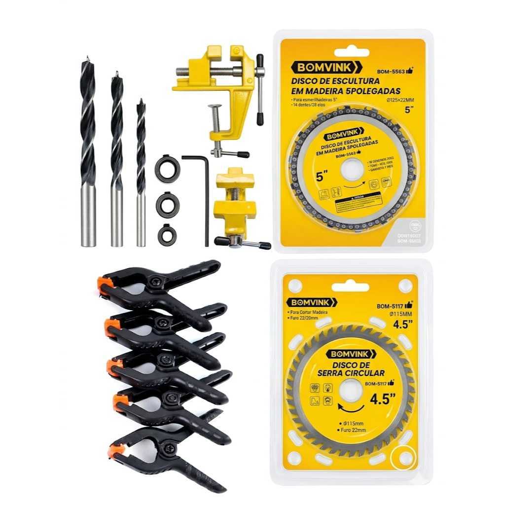 Kit 3 Broca Cavilha P/Madeira + Mini Torno + Disco Serra Circular 4.5  + Disco Corrente Motoserra + 6 Grampos sargento