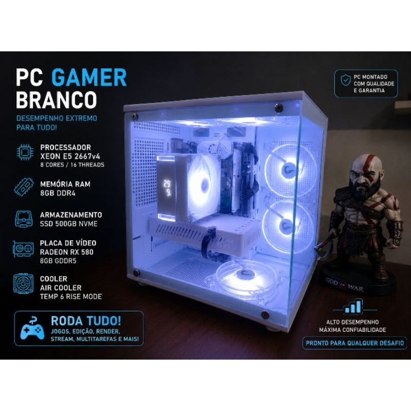 Kit Xeon E5 2667v4 3,6Ghz PC Gamer Branco Gabinete Glass X + RX 580 8Gb + SSD Nv