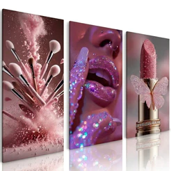 Kit Quadros Decorativos 3 Peças Profissão Maquiadora Maquiagem Beleza Feminina Glamour Pink Rosa