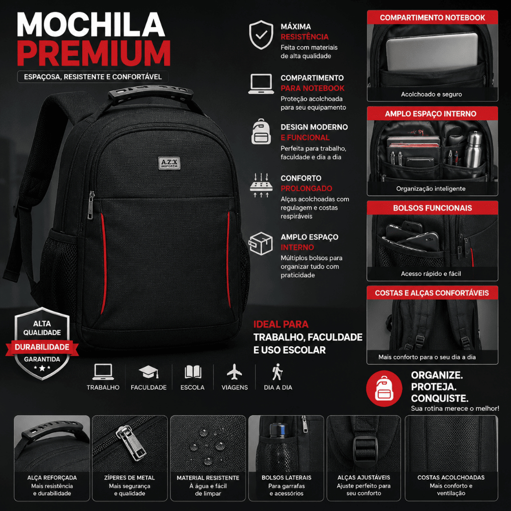 Mochila Bolsa Notebook Reforçada Trabalho Faculdade Escolar Moderna Resistente Espaçosa Confortável