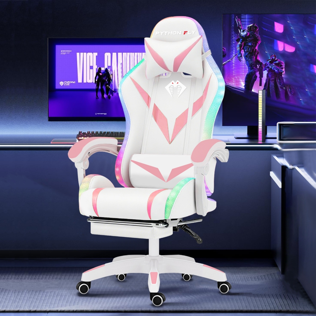 Cadeira Gamer Ergonômica Reclinável 135º Branca Rosa Com Luz LED RGB e Descanso De Pés
