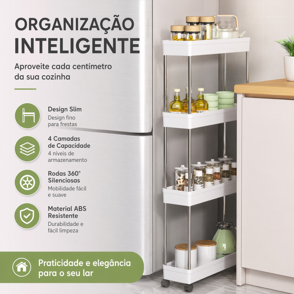 Carrinho Estreito Multiuso 4 Níveis Design Fino Aproveita Espaço Pequeno para Cozinha Banheiro Escritório