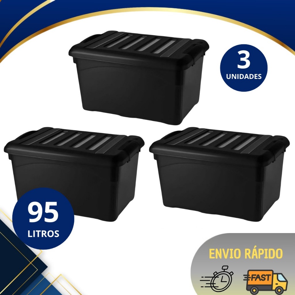 Kit 3 Caixas Organizadoras 95 Litros com Rodinhas e Travas – Caixa Plástica Grande Black Preto
