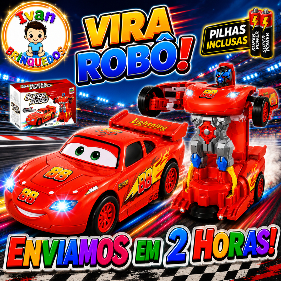 Carrinho Mcqueen Relâmpago Brinquedo Vira Robô Filme Carros Vermelho Musical Com Luz e Som Infantil Bate e Volta Menino