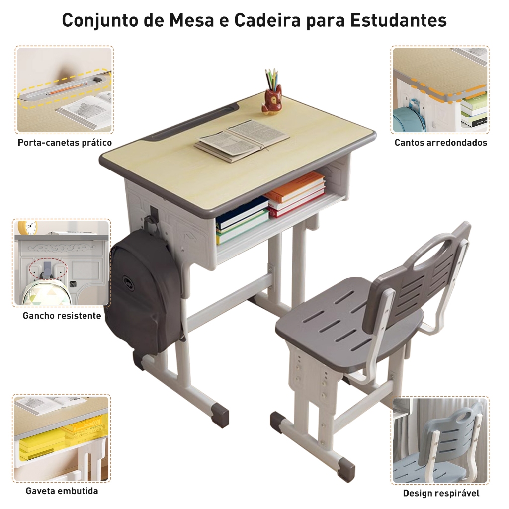 Mesa Infantil Cadeira Regulável Escrivaninha Estudo Quarto Altura Ajustável Ergonômica — imagem 2 de 2