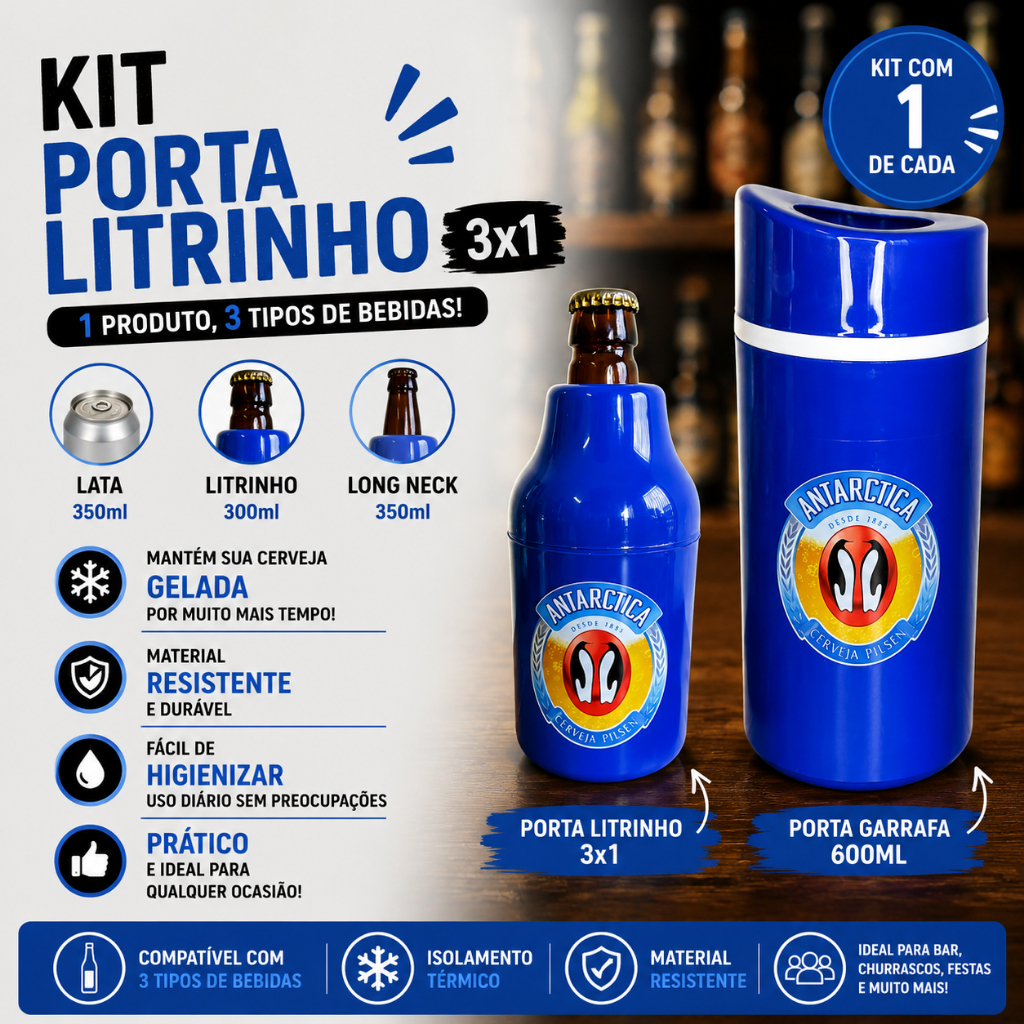 KIT C/1 PORTA GARRAFA 600ml + 1 PORTA LATA 3x1 LITRINHO LONG NECK SUPORTE TÉRMICO