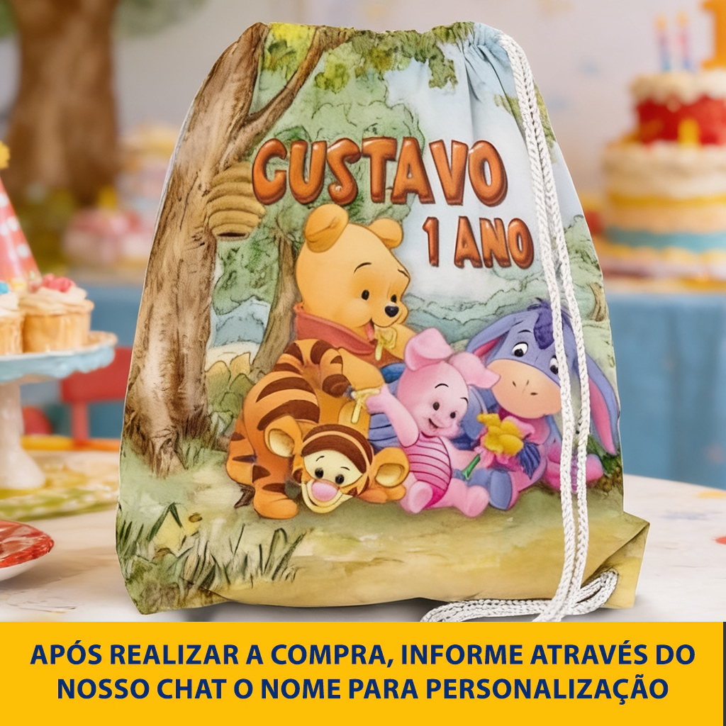 Kit Mochilinha Sacolinha Mochila Saco Sacochila Saquinho Lembrancinha Brinde Aniversario Personalizadas Ursinho Pooh