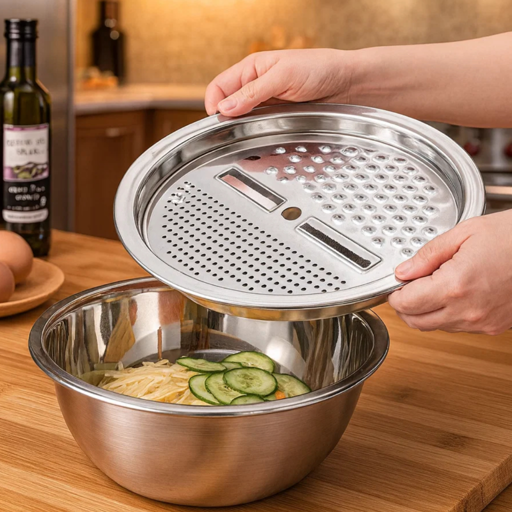 Tigela Inox 4 Em 1 Ralador Fatiador Bacia Alimentos Legumes Queijo Manual 26cm Cozinha Tampa Prata