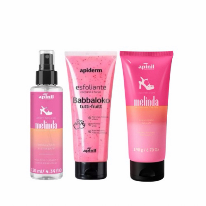Kit Melinda Apinil – Body Splash + Esfoliante Corporal Tutti-Frutti + Creme Hidratante Corporal | Kit de Autocuidado