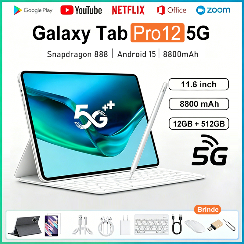 Tablet Galaxy Pro12-11.6"inch 12GB+512GB Android 15 8800mAh Ideal para Estudos e Jogos -Combo com Teclado e Mouse