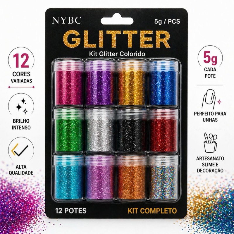 kit 12 Cores de Glitter Nail Art artesato e Decoração de Unha