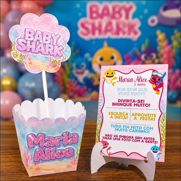 KIT 10/20/30 Centro De Mesa BabyShark Rosa Menina Personalizado Cachepô+Plaquinha Lembrancinha Festa