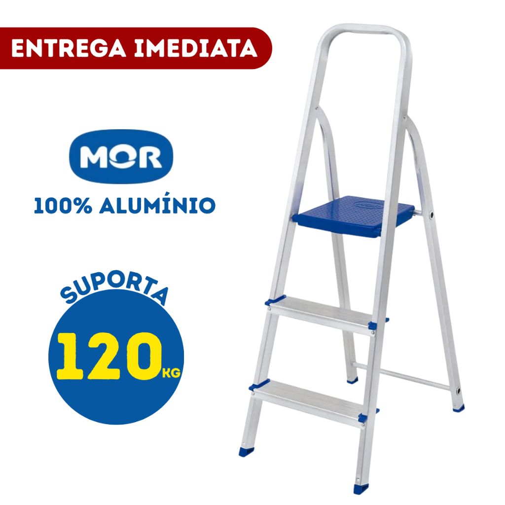 Escada 3 Degraus De Alumínio Mor Suporta 120kg