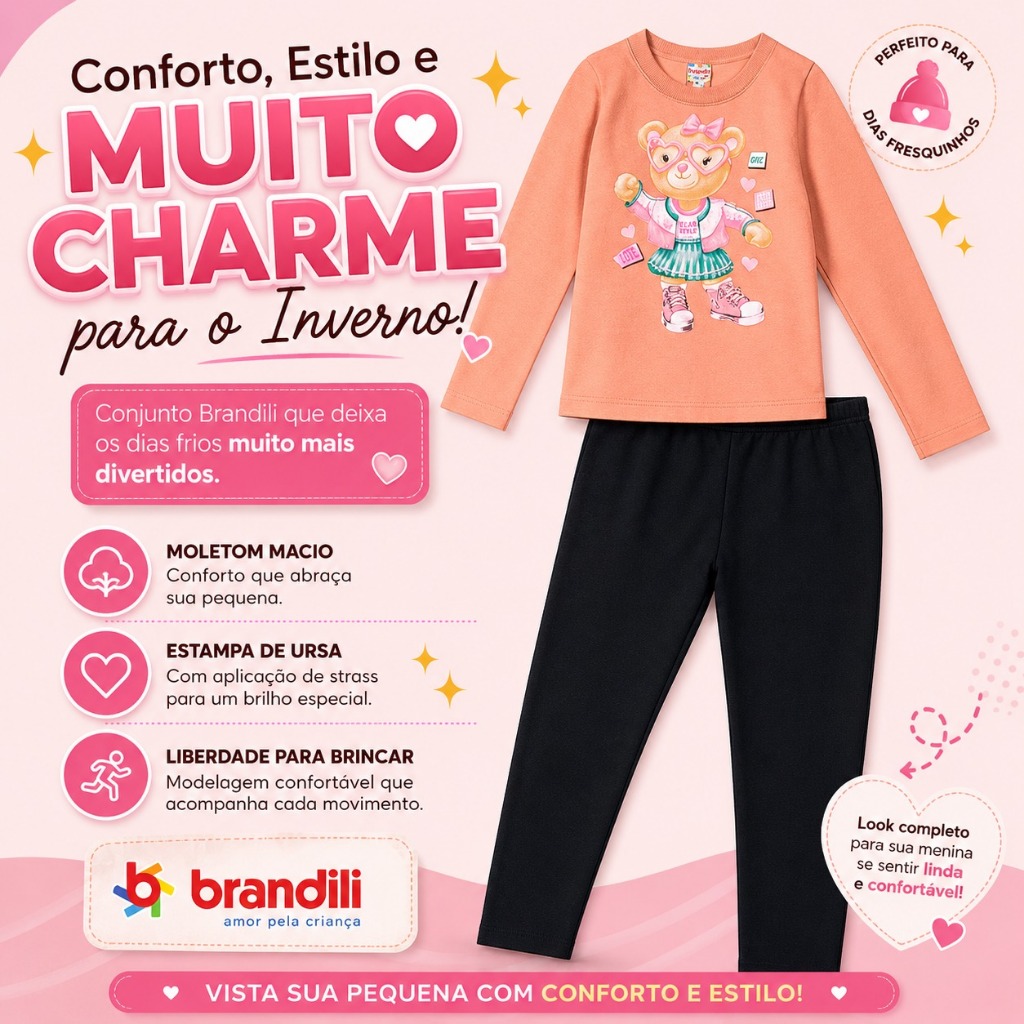 Conjunto Infantil Menina Brandili Moletom Inverno Blusa Ursa com Strass e Calça Legging
