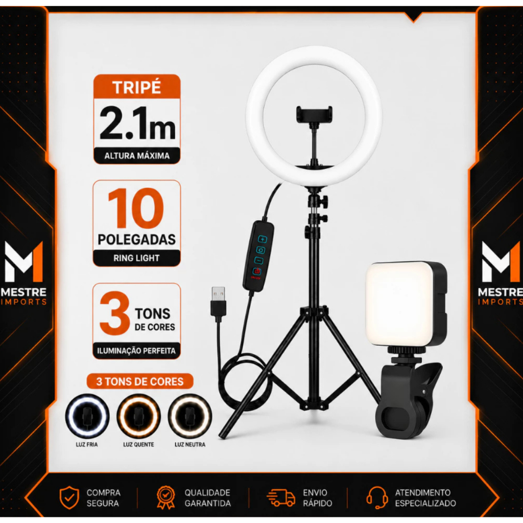 Ring Light Iluminador Anel Luz 26cm 10 Polegadas Tripé 2,1m + Ring light celular quadrada Profissional