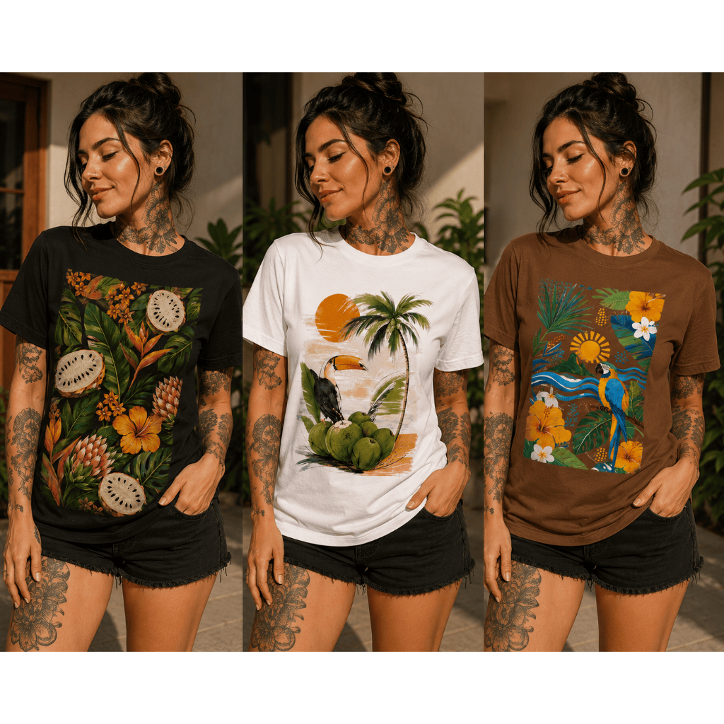 Kit 3 Camisetas ou 1 Femininas Tropicais 100% Algodão Estampadas Casual Premium