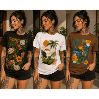 Kit 3 Camisetas ou 1 Femininas Tropicais 100% Algodão Estampadas Casual Premium