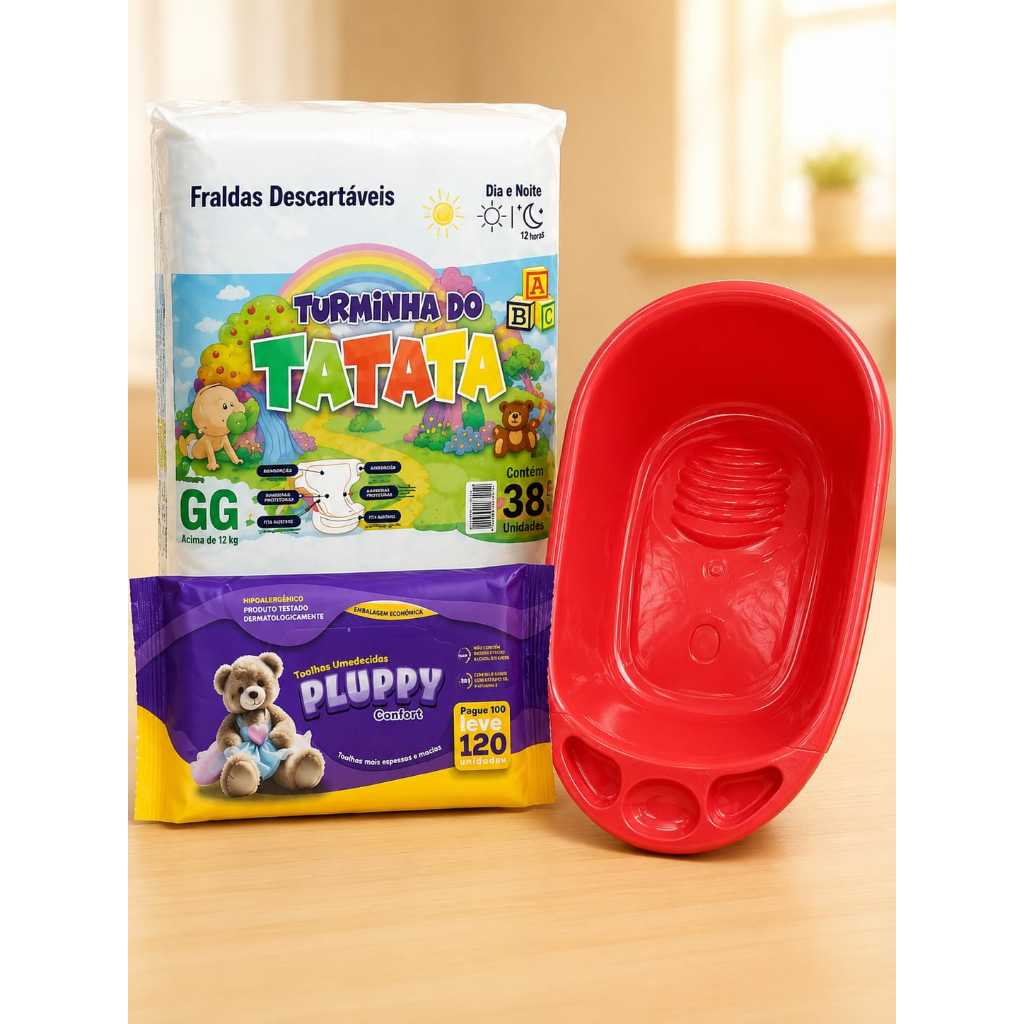 2 Pacotões Fraldas Infantil Turminha do Tatata + Banheira Baby 30 Litros + Shampo e Condicionador Pompom