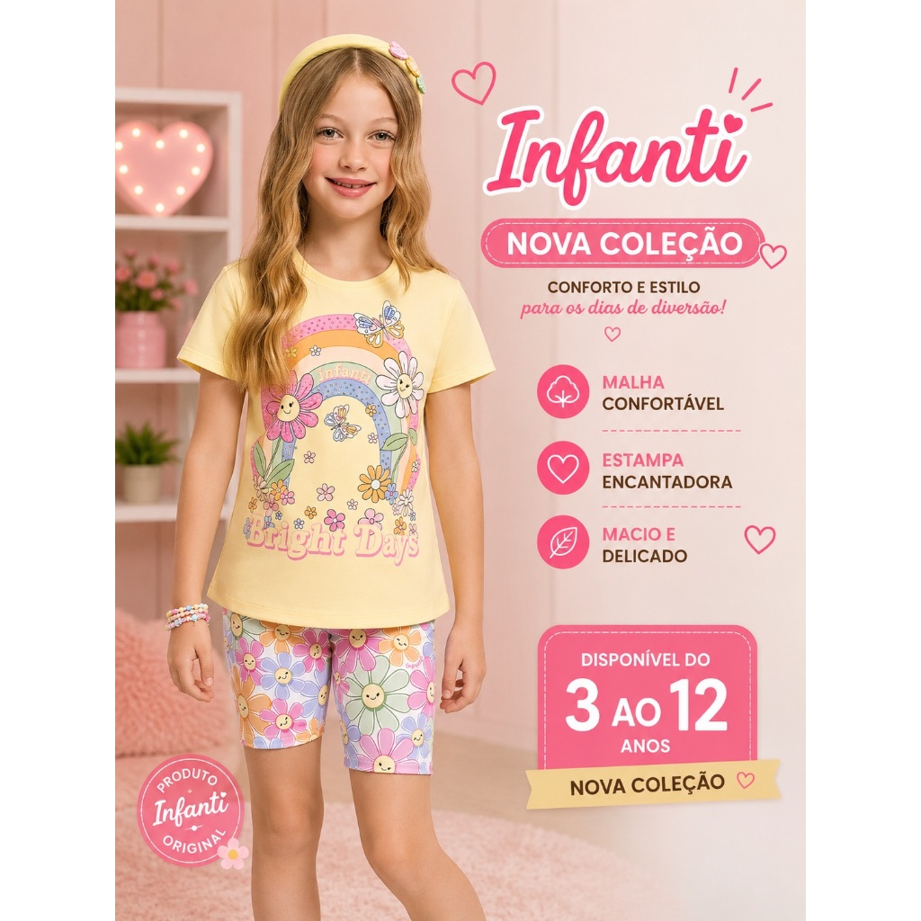 Conjunto Verão Infantil Feminino Blusa Gatinha e Bermuda Estampada 95319/95314