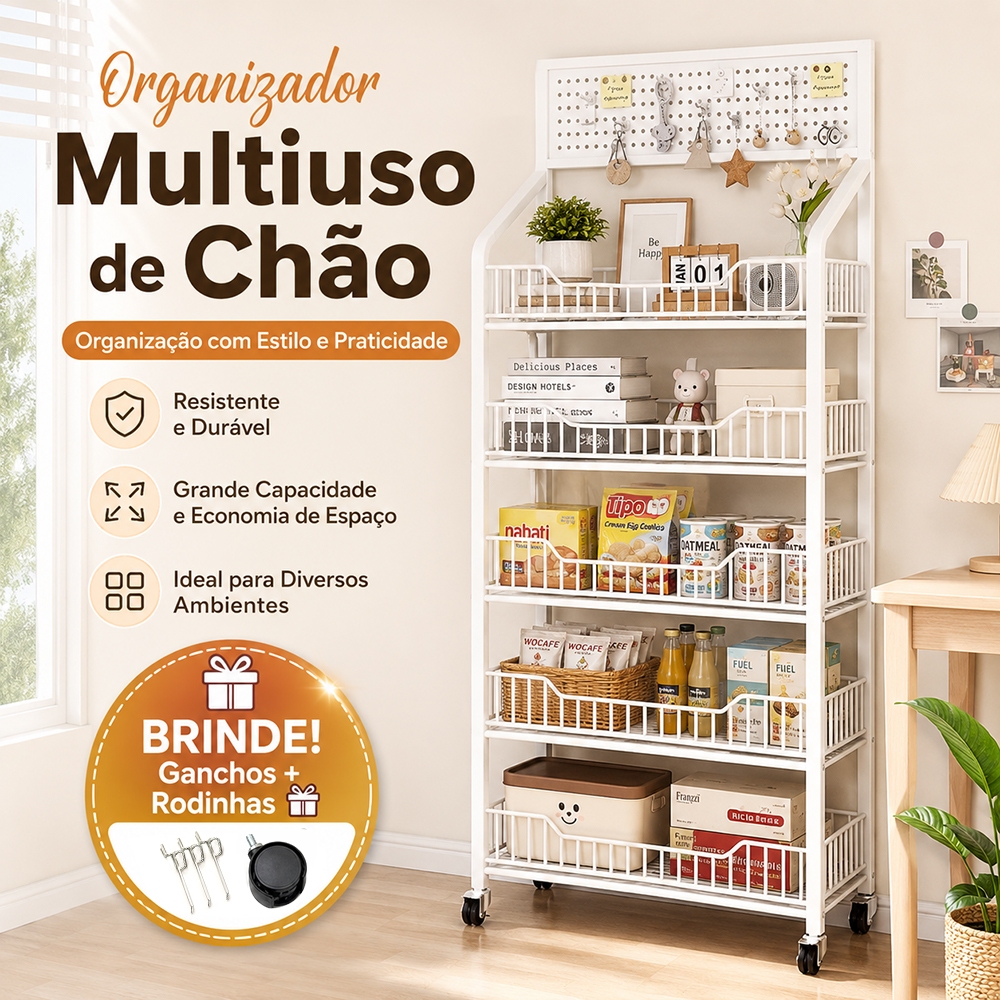 Carrinho Organizador Multiuso De Chão Com Rodinhas E Painel Perfurado Prateleira Em Aço Para Cozinha E Quarto