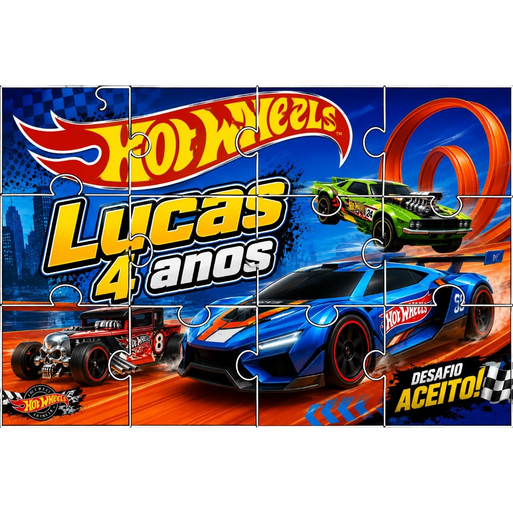 Quebra-Cabeça Hot Wheels Personalizado 10x15 MDF Lembrancinha Aniversário Infantil Nome e Idade carro