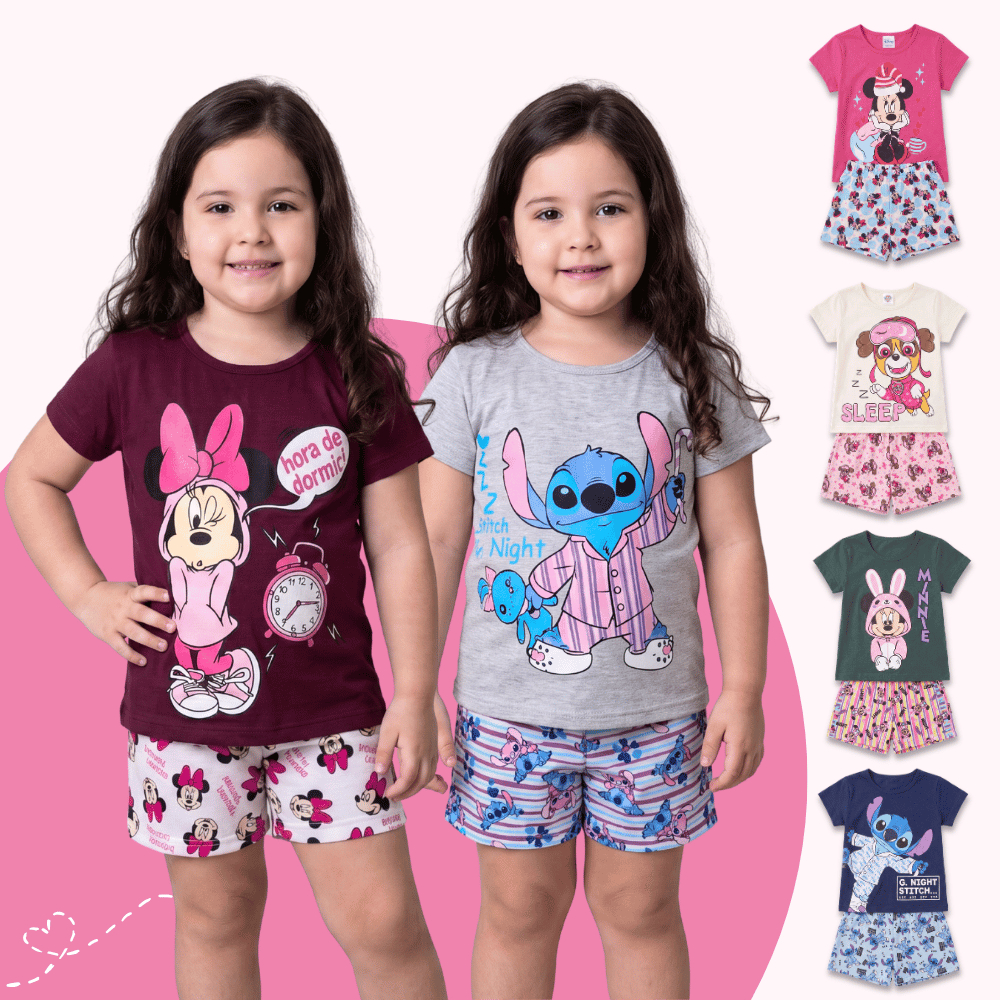 Kit com 2 Pijama Infantil Menina de Verão Meia Estação Estampado Roupa de Dormir Feminino Sortido