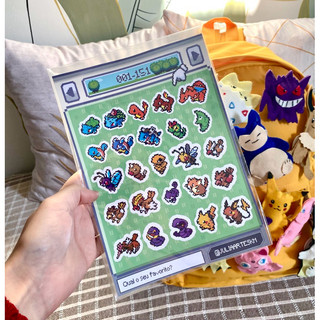 Cartela de adesivos da Box dos Pokémon primeira geração em pixel art