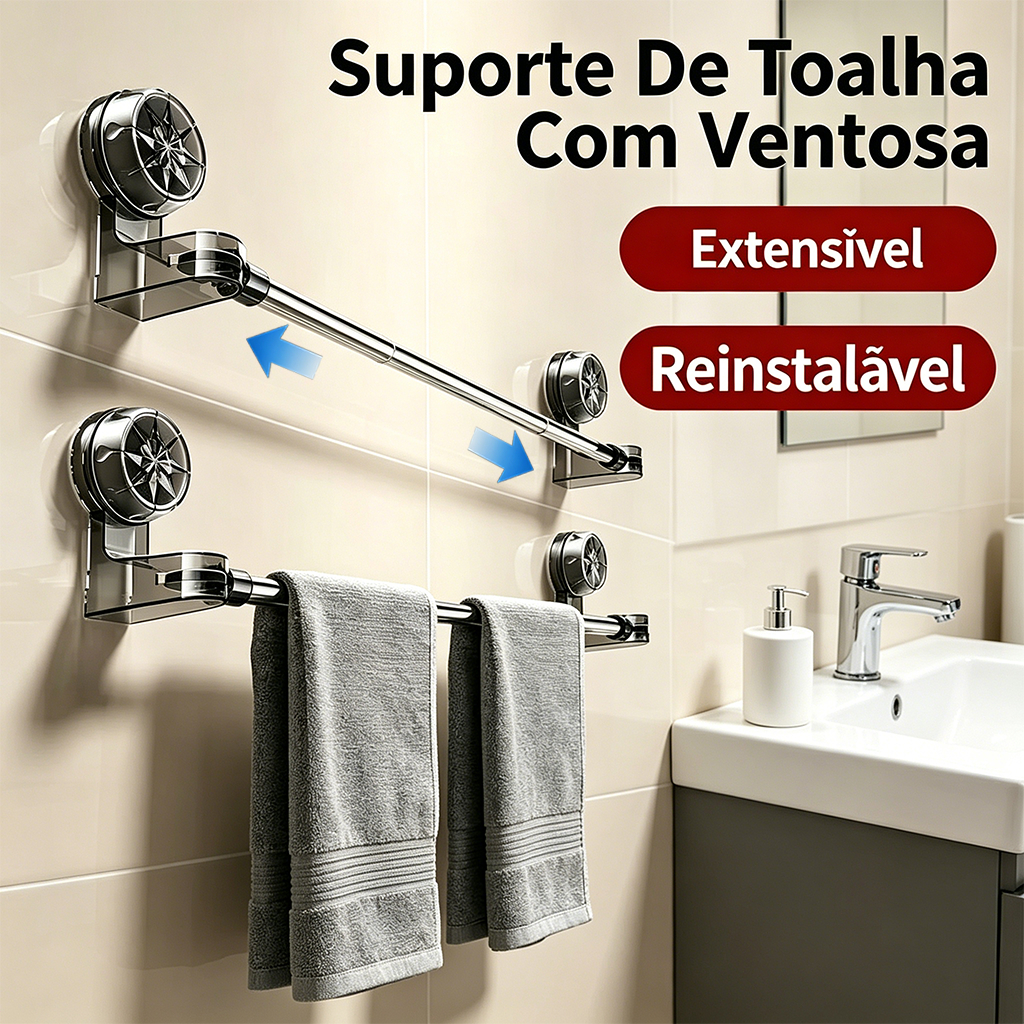 Toalheiro Suporte Porta Toalha Com Ventosa Sucção Retrátil,Não Perfurada Com Haste Removível Inox