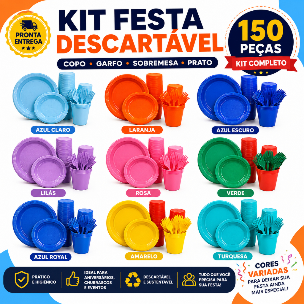 Kit Descartável Completo 150 Peças Coloridas – Descartáveis para Aniversário e Eventos