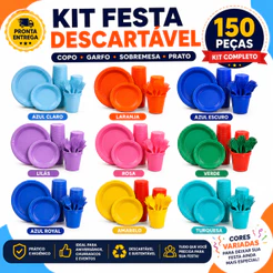 Kit Descartável Completo 150 Peças Coloridas – Descartáveis para Aniversário e Eventos