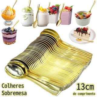 Kit 50/100 Colheres Festa descartáveis de plástico dourado metálico para sobremesa e bolos