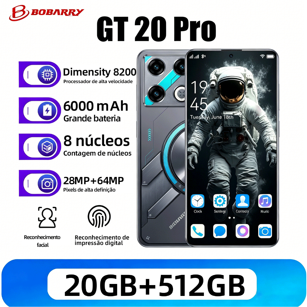 Smartphone GT20 Pro 16GB+512GB, rede 4G/5G, tela HD de 6,78 polegadas, desbloqueio facial