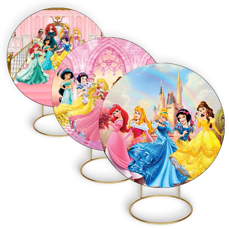Capa Tecido Painel Redondo 50cm Veste Fácil Elástico Decoração Mesa Mini Princesas