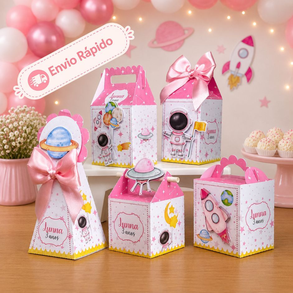Kit Festa Personalizado Astronauta | Lembrancinha de Aniversário | Cor Rosa