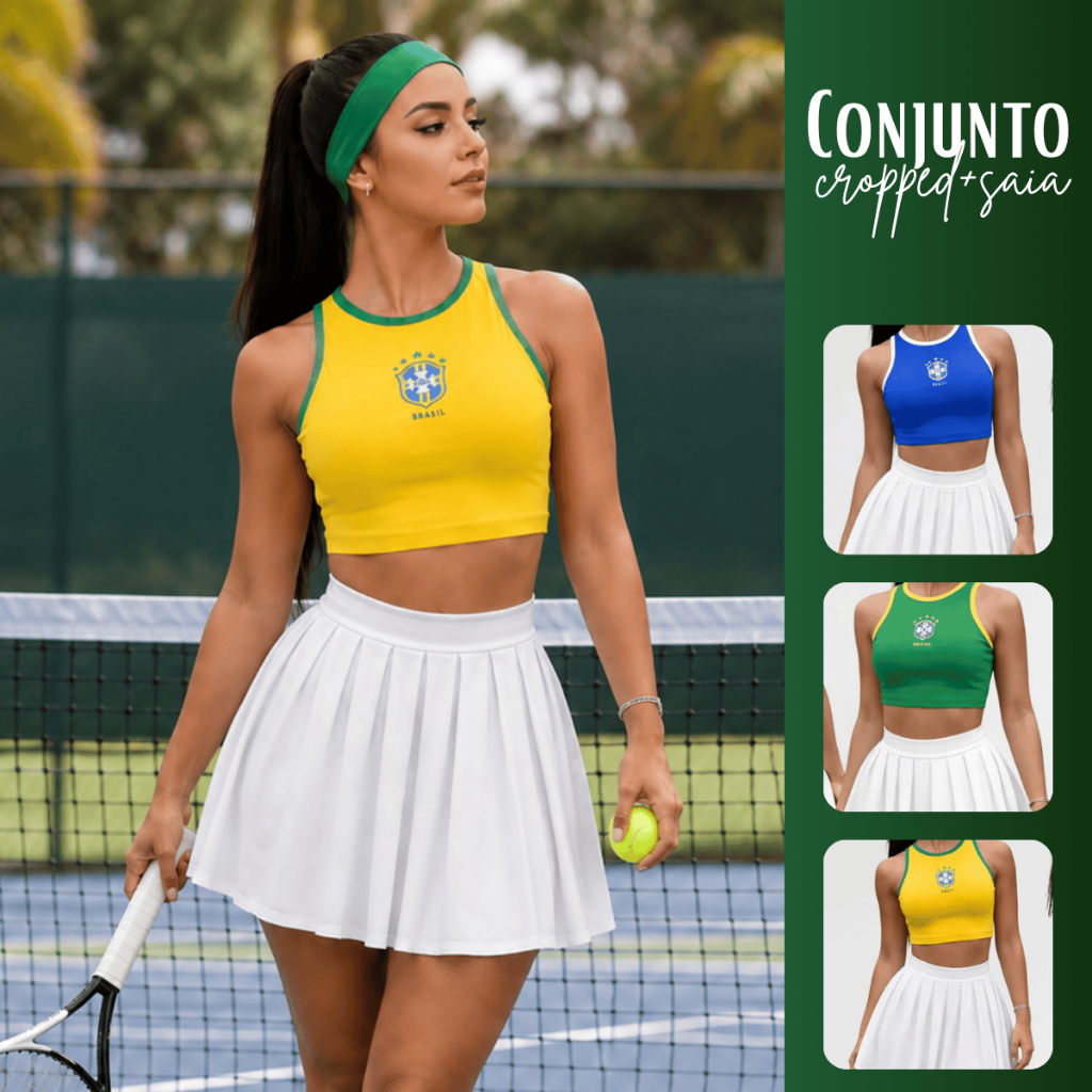 Conjunto Feminino Brasil Cropped Regatinha +Saia Curta Plissada Torcida Copa do Mundo Tendência 2026