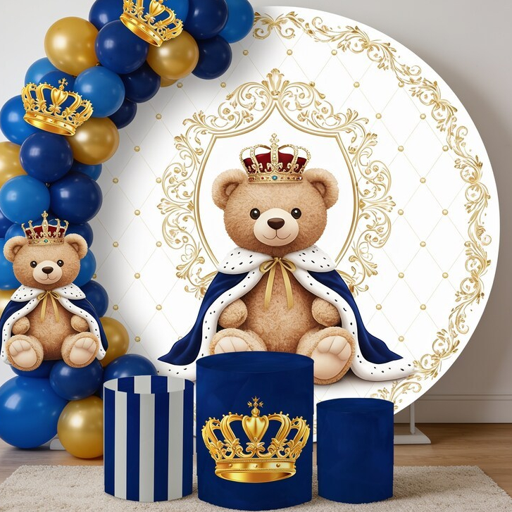 Kit Decoração Festa Ursinho Realeza Capa Painel Redondo Trio Cilindros Rei Urso Em Helanca 1.50x1.50