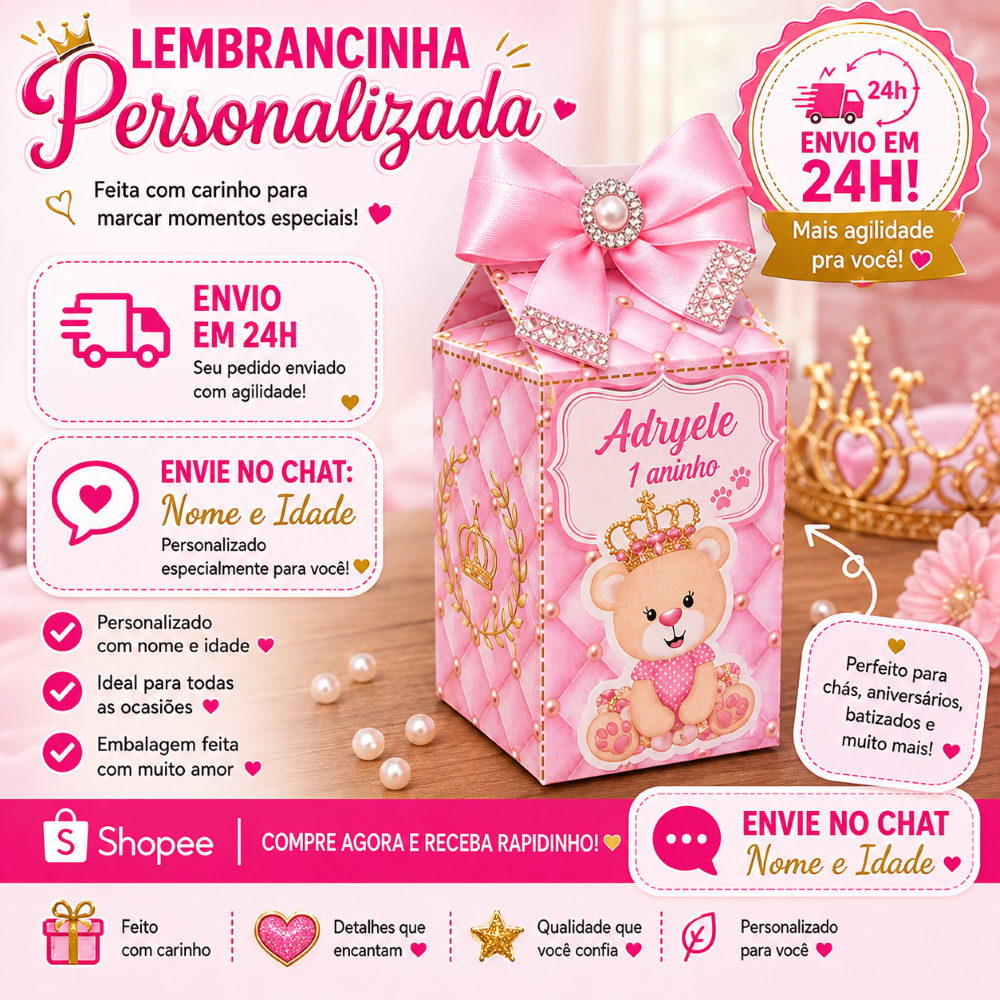 Kit Caixinhas Milk Personalizada - Lembrancinha de Festa (Ursinha Princesa)
