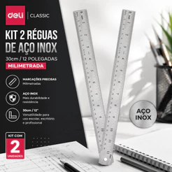 Régua de Aço Inox Deli Classic 30cm 12 Polegadas Milimetrada