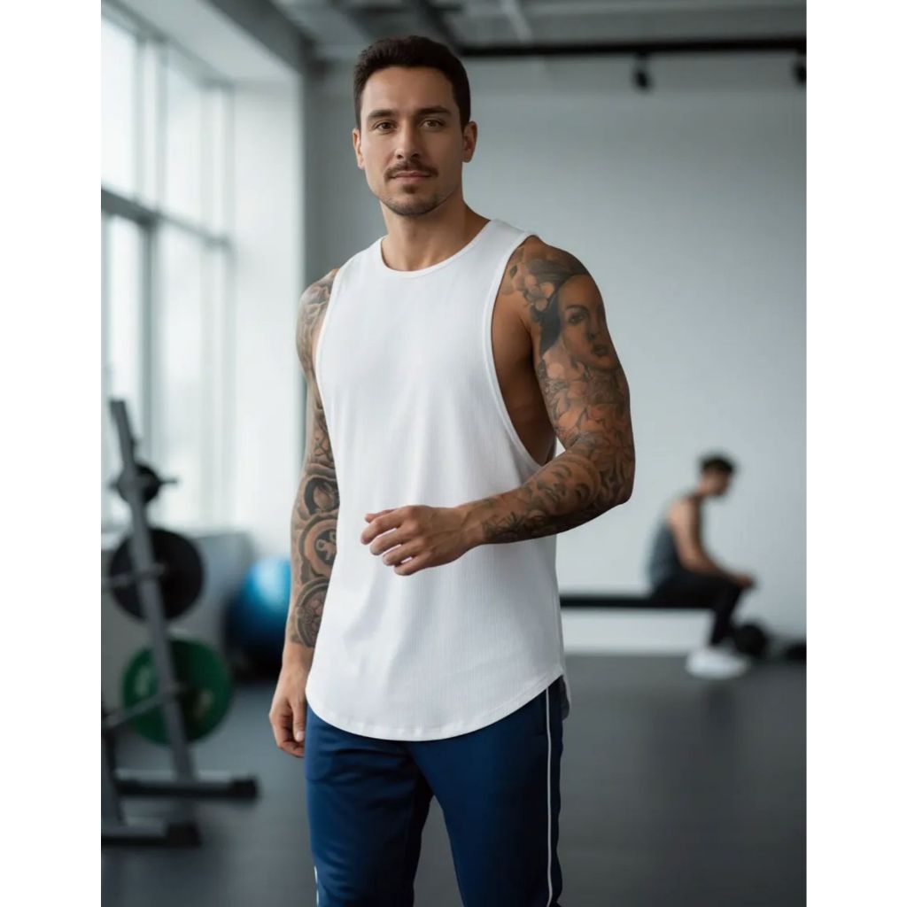 Regata Masculina Longline Slim Secagem Rápida Não Encolhe Academia Treino Bodybuilding Malha Fria PV