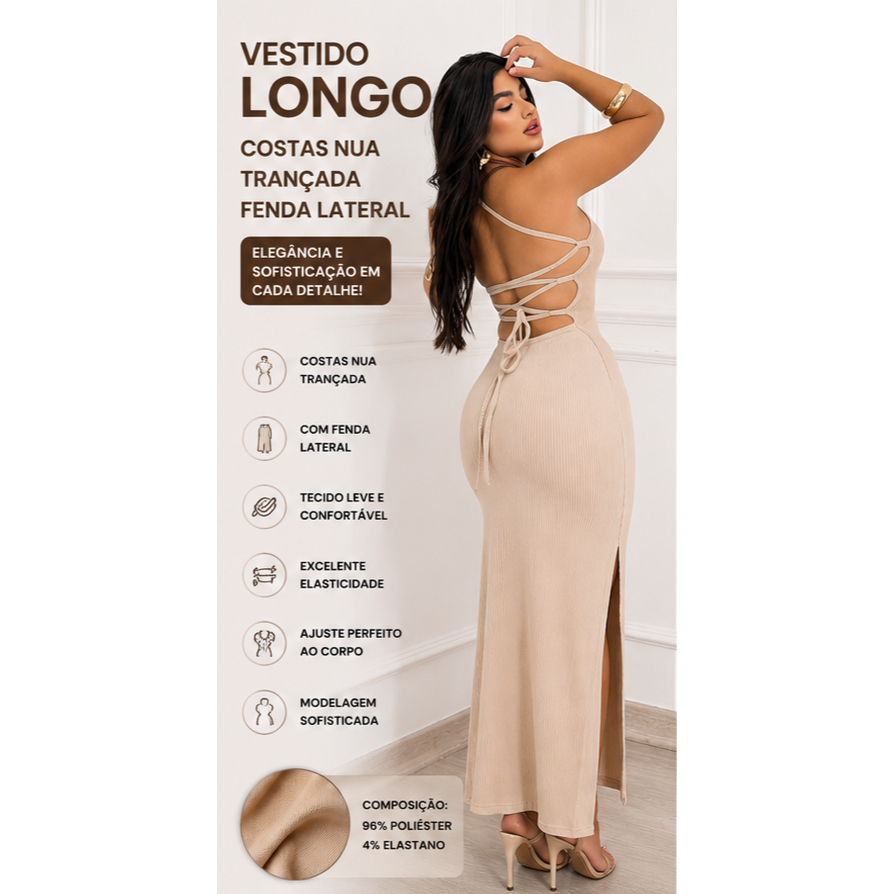 VESTIDO LONGO FEMININO COSTAS NUAS TRANÇADO FENDA LATERAL ELEGANTE COM ELASTANO