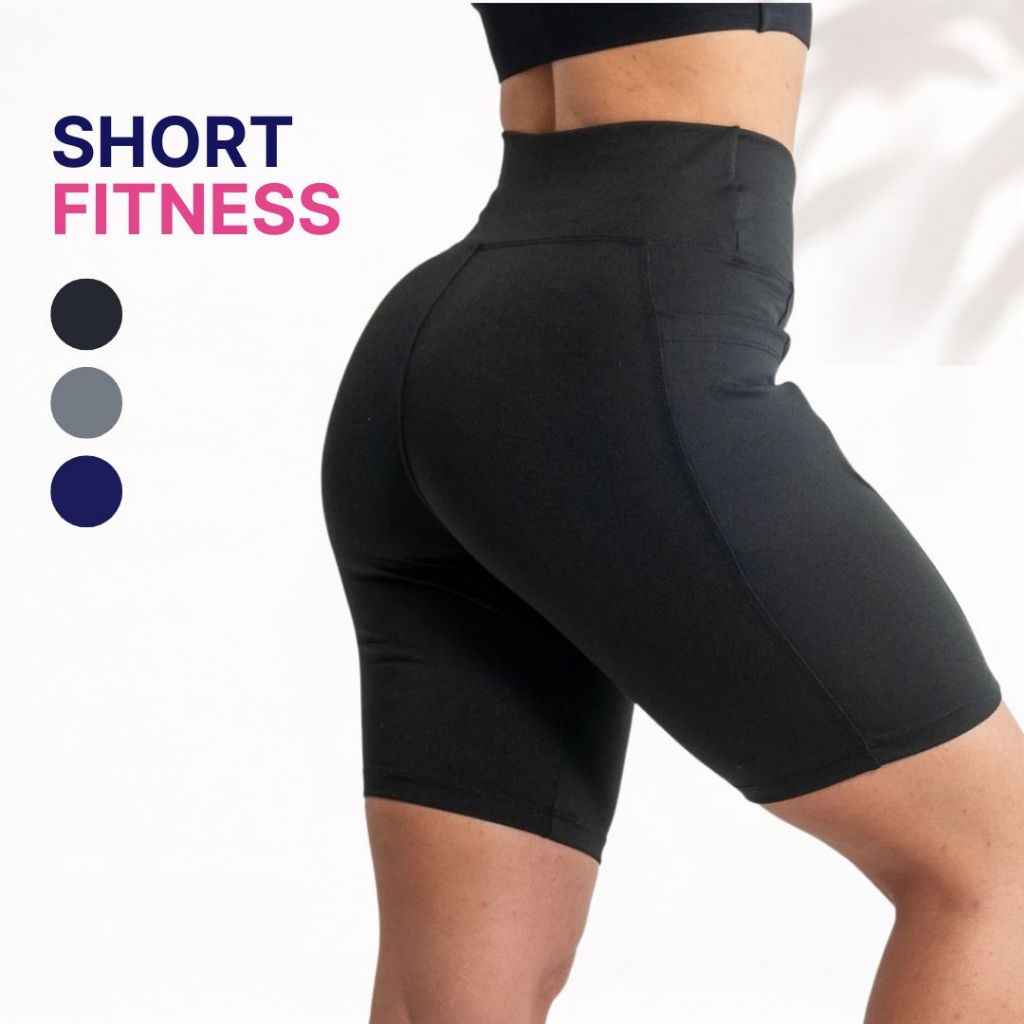 Short Feminino Com Bolso Cintura Alta Reforçada Confortável Sustentação Zero Transparência Academia