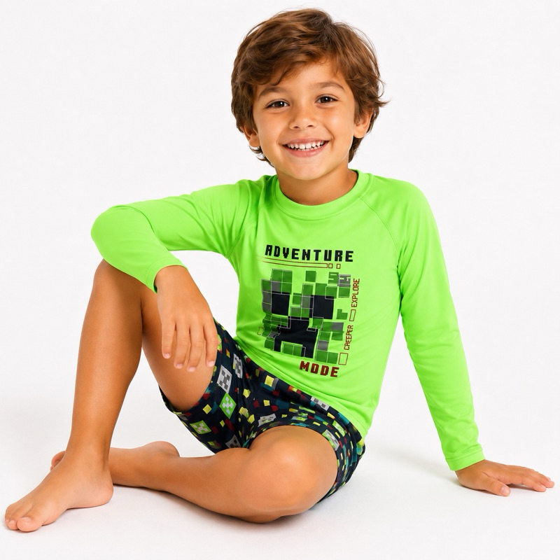 Conjunto Infantil Moda Praia e Piscina Menino proteção UV camiseta + sunga Masculino 1 ao 16