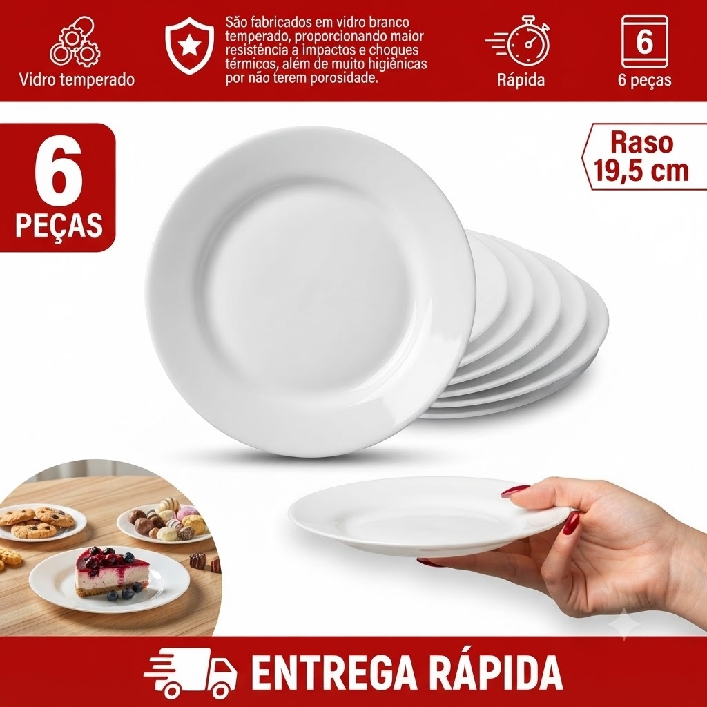 Pratos Duralex Sobremesa 06 Peças em Vidro Menu Duralex Opaline Branco Buffet Lanchonete