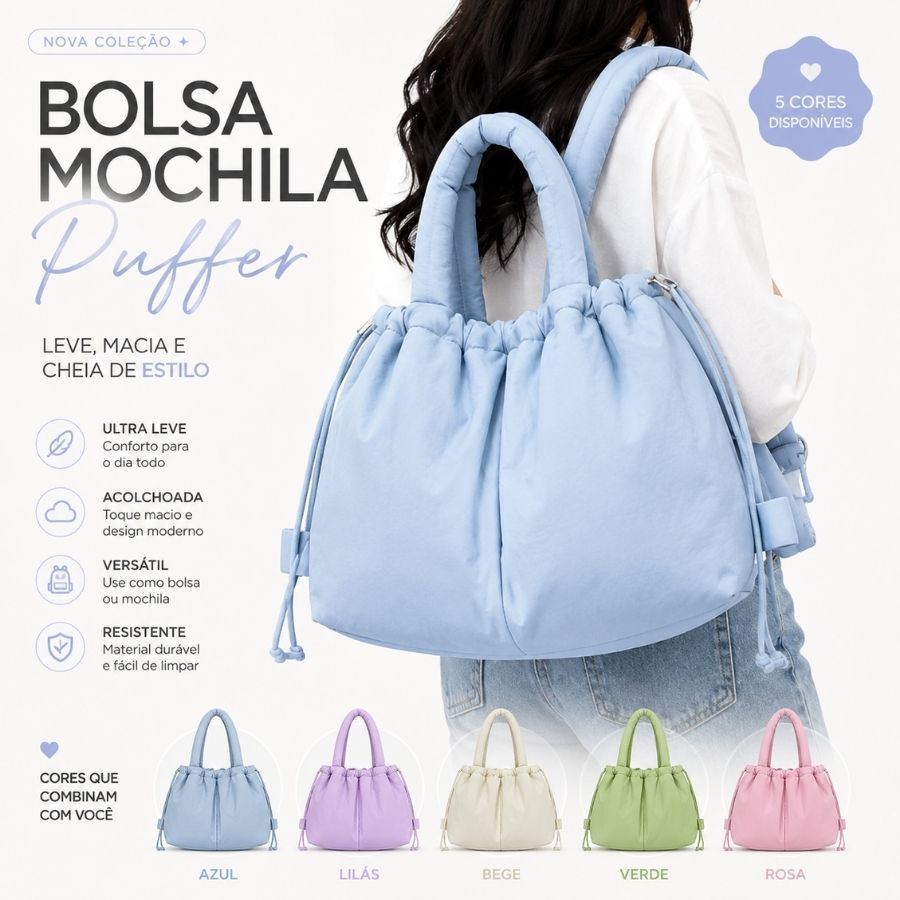 Bolsa Mochila Puffer Grande Capacidade Feminina Impermeável Moda Coreana Casual Viagem