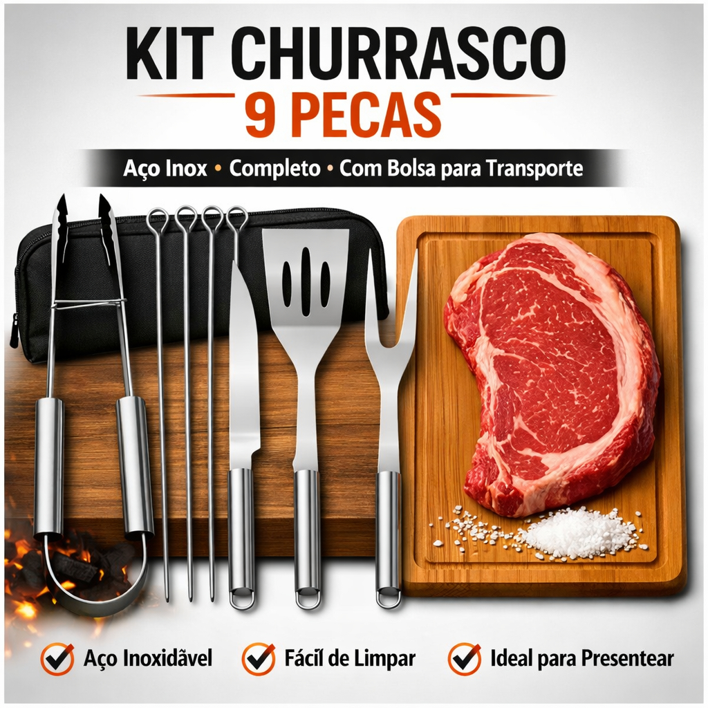 Kit Jogo de Churrasco 9 Peças Inox C/ Bolsa Kit Completo Utensílios De Churrasco e Camping Presente