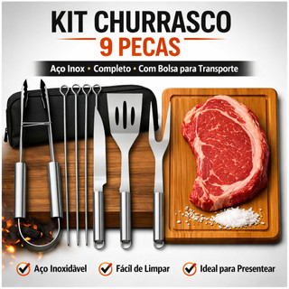 Kit Jogo de Churrasco 9 Peças Inox C/ Bolsa Kit Completo Utensílios De Churrasco e Camping Presente