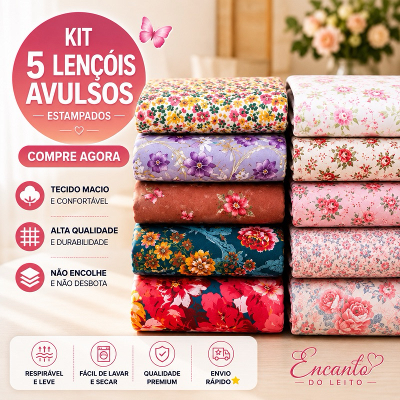 Kit 5 Lençóis Avulsos Estampados Solteiro Casal Queen Cama Box Sem Elástico Macio Toque Suave Não Encolhe Não Desbota