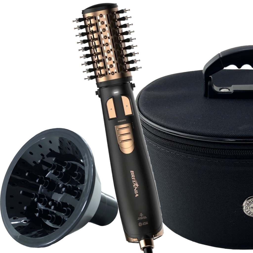 Escova Rotativa Britania 1300w Ions Secadora Alisadora Quente Frio Gold Com Difusor De Cachos Acessórios