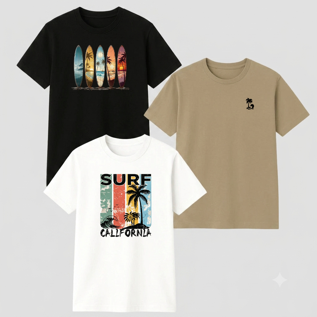 kit 3 Camisetas Cores Variadas Estampas Diversas ou Camiseta Avulsa 100% Algodão Masculina Praia Surf